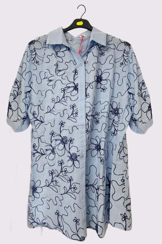 Embroidered Floral Pattern Button Up Cotton Shirt