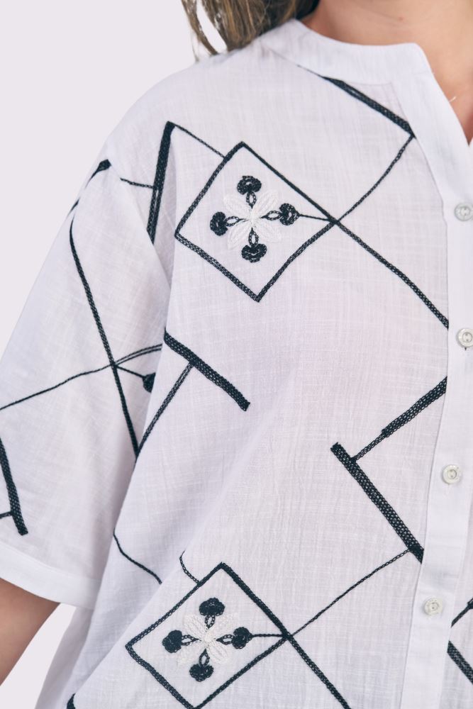 Aztec Print DipHem Button Up Cotton Shirt