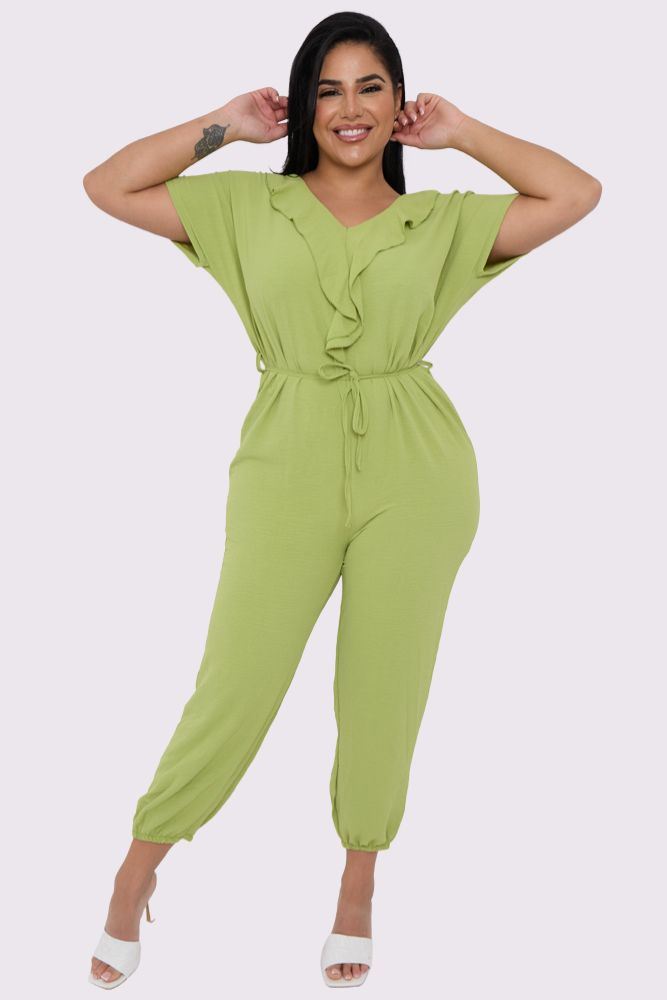 Plain Ruffle Front Drawstring Waist Jumpsuit