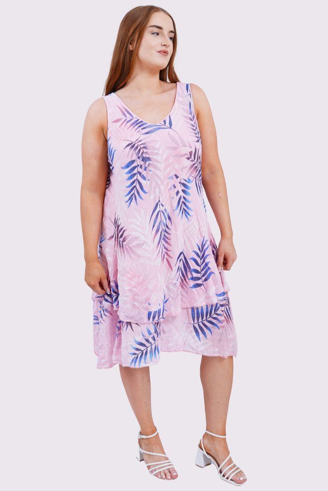 Tropical Leaves Print Layered Hem Cotton Dress