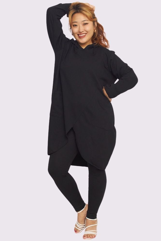 Oversized Front Pockets Cut Out Hem Cotton Hooded Top