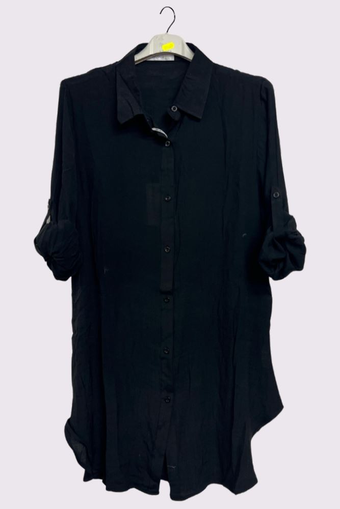 Plain Button Up Sleeve Curved Hem Shirt