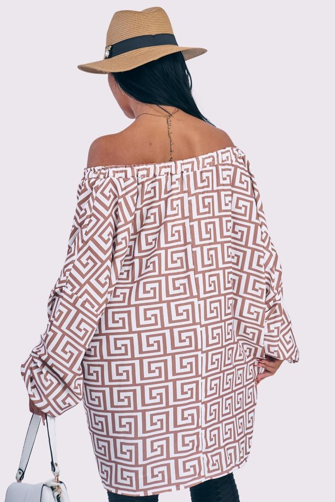 Greek Key Print Drawstring Neckline Top