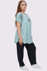 Diamante Leaf Pattern Side Slit Cotton Top