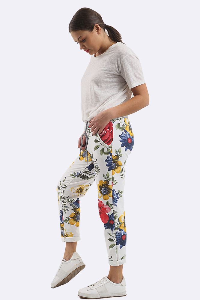 Cotton Big Rose Print Drawstring Trouser