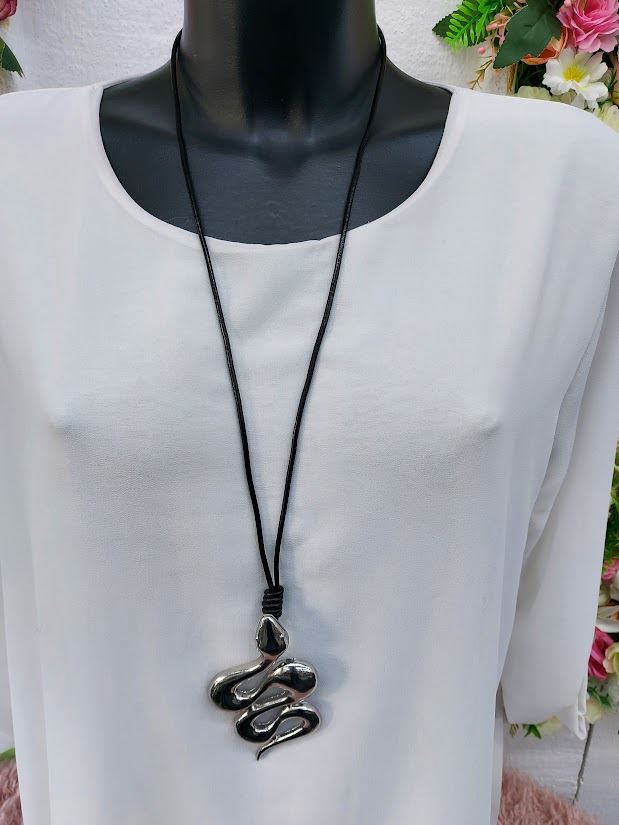 Silver Snake Leather Chain Necklace