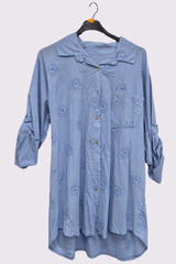 Floral Embroidered Pattern Front Pocket Cotton Shirt