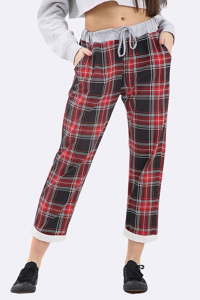 Cotton Tartan Print Foldover Hem Lined Trouser