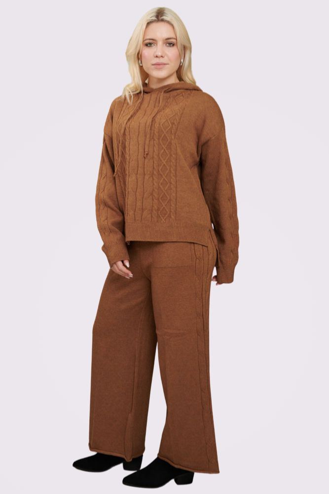 Cable Knit Pattern Hoodie Wide Leg Knit Co-Ord