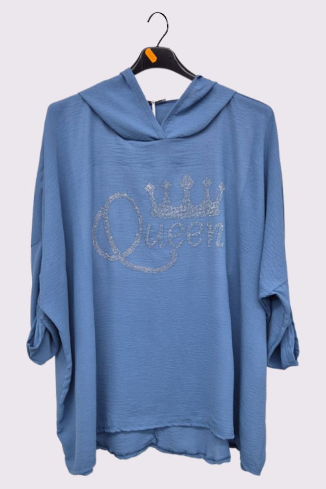 Diamante Queen Print Oversized Diphem Hooded Top