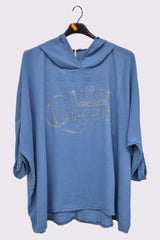 Diamante Queen Print Oversized Diphem Hooded Top