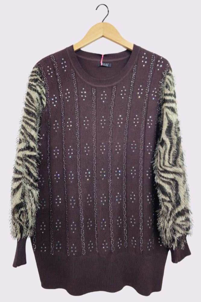 Diamante Pattern Leopard Faux Fur Soft Knit Jumper