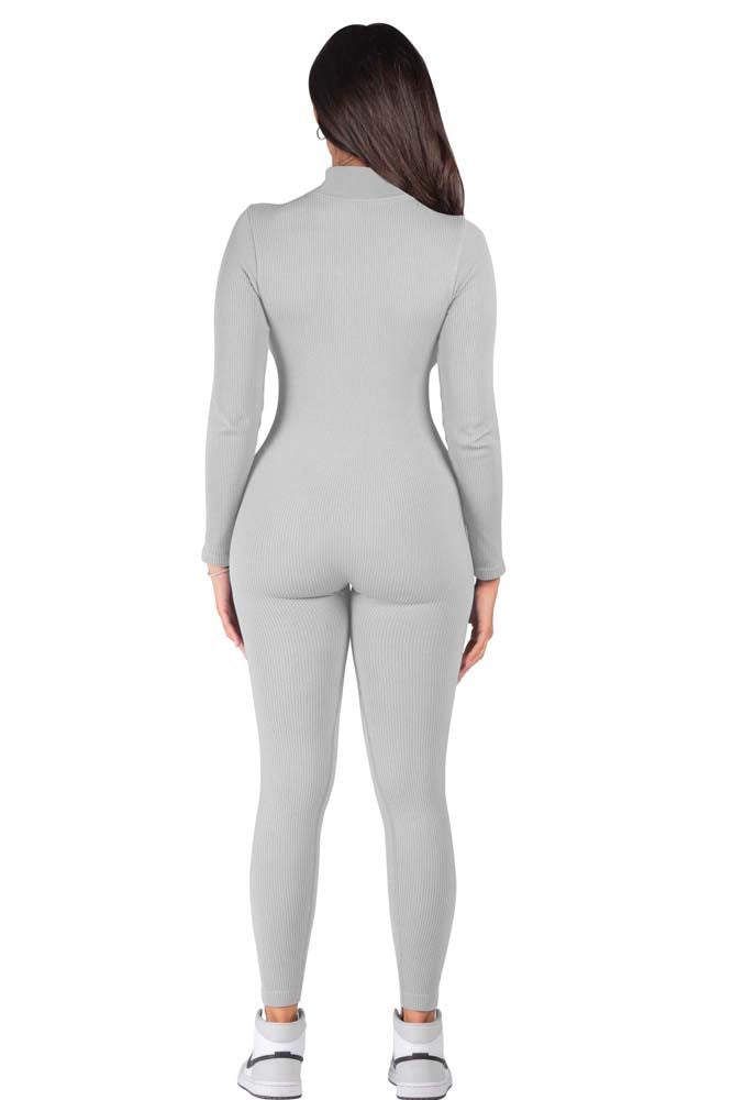 Plain Ribbed Zip Up Seamless Nylon Jumpsuit