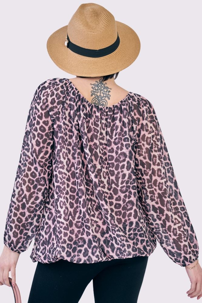 Leopard Print Oversized Drawstring Neckline Top