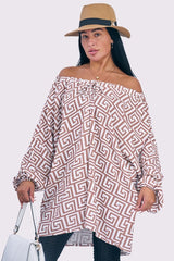 Greek Key Oversized Drawstring Neckline Top