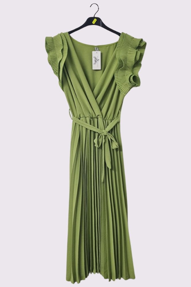 Plain Pleated Wrapover Belted Dress