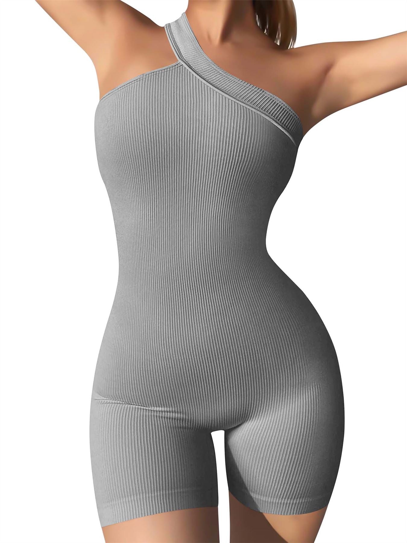 Plain One Shoulder Seamless Ribbed Nylon Jumpsuit