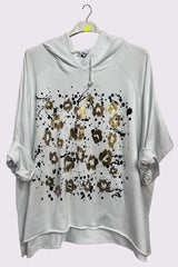 Leopard Foil Splash Print String Hoody High Low Hem Cotton Hoodie