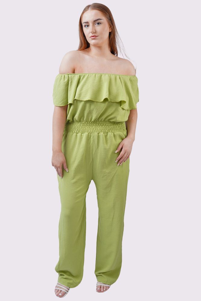 Plain Ruffle Trim Shirred Waist Jumpsuit