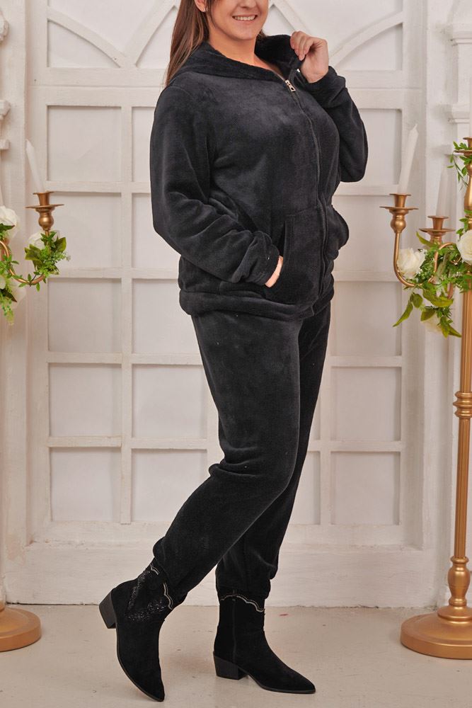 Plain Faux Fur Zip Up Hooded Co-Ord Loungewear