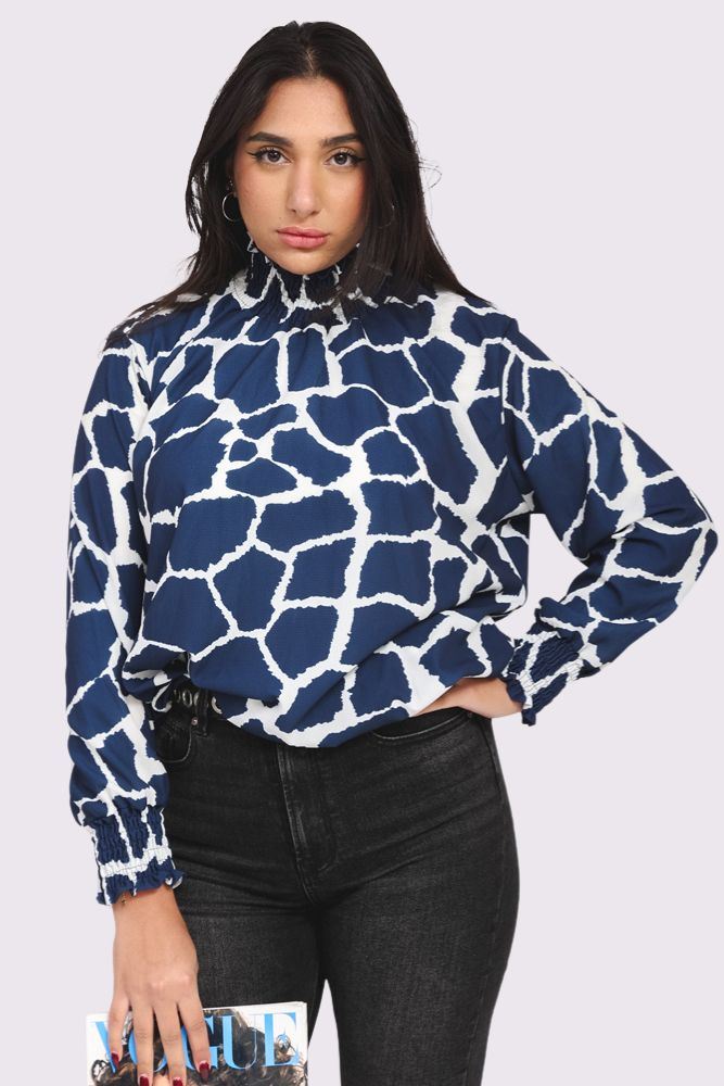 Giraffe Print Shirred Cuff Top