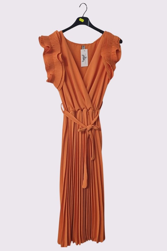 Plain Pleated Wrapover Belted Dress