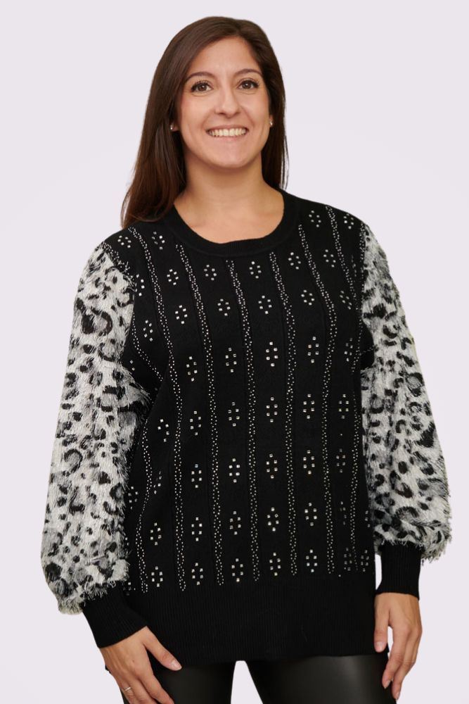 Diamante Pattern Leopard Faux Fur Soft Knit Jumper