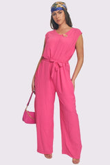 Plain Belted Pockets Wide Leg Jumpsuit