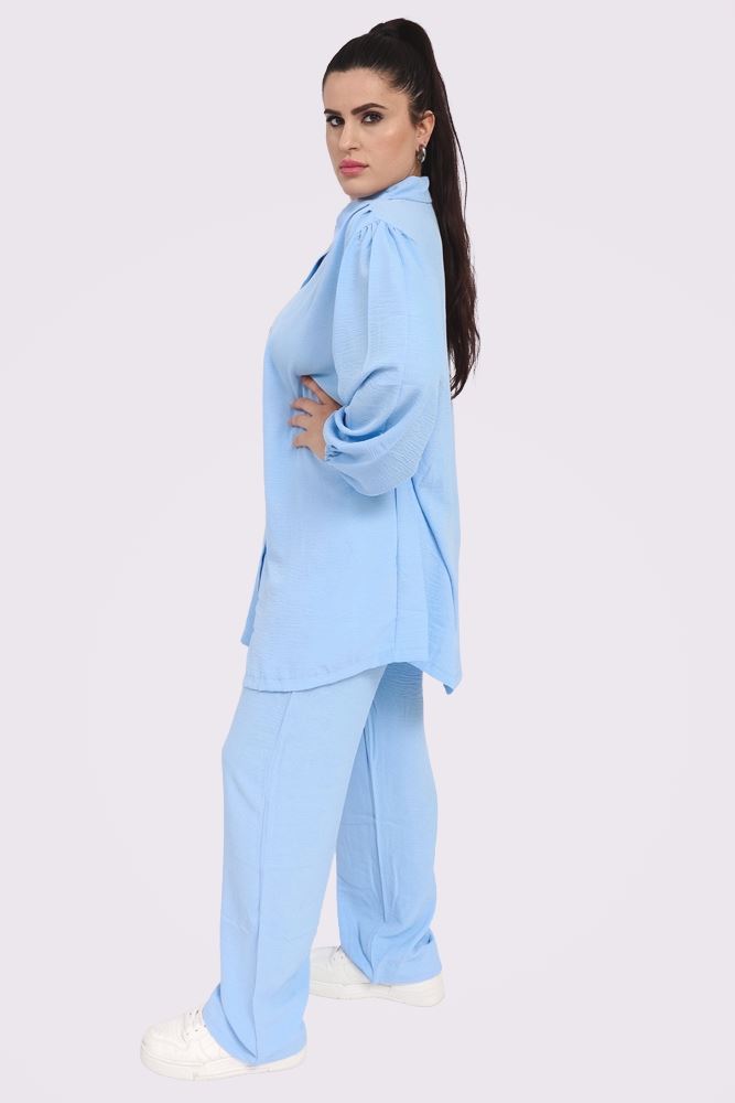 Plain Collar Button Up Elasticated Waist Co-Ord Set