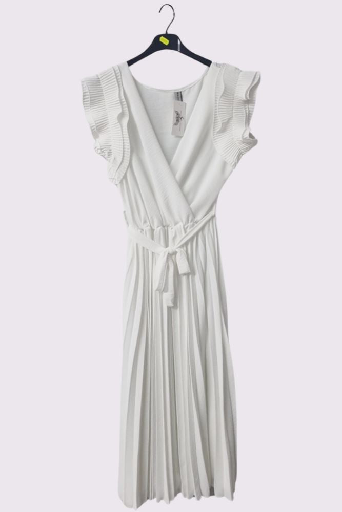 Plain Pleated Wrapover Belted Dress