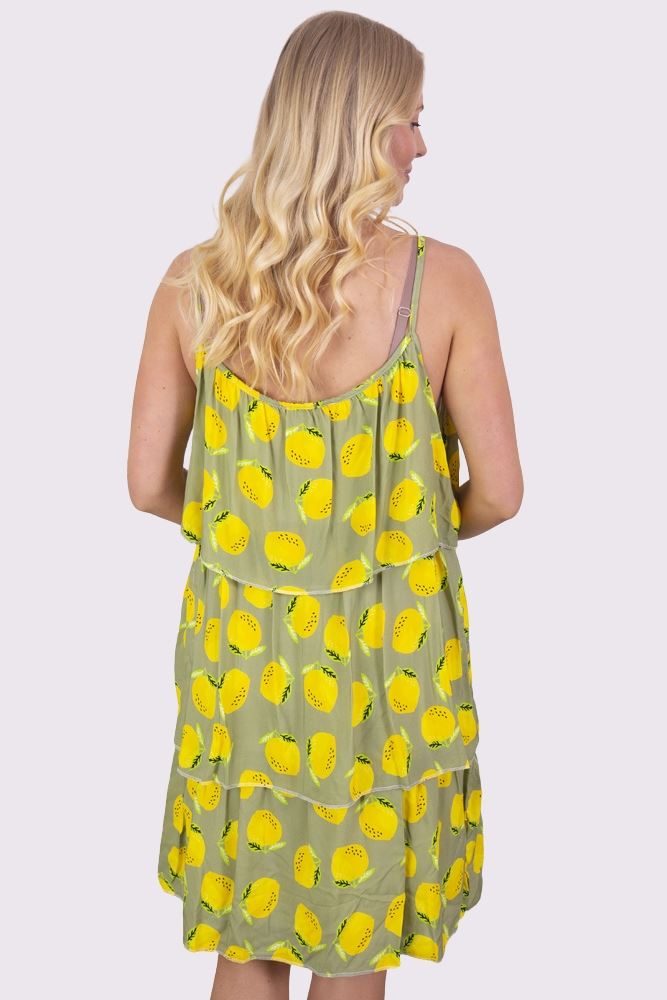 Lemon Print Layered Spaghetti Strap Flounced Dress