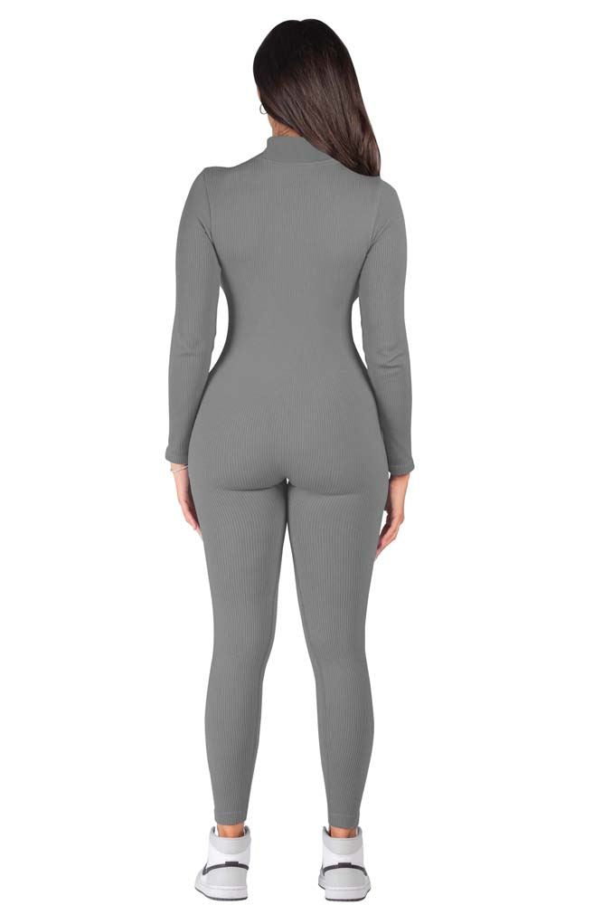 Plain Ribbed Zip Up Seamless Nylon Jumpsuit