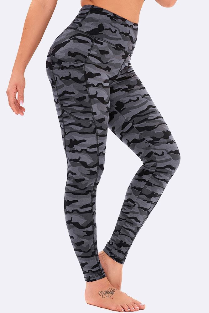 Grey Camouflage Print Gym Pocket Leggings