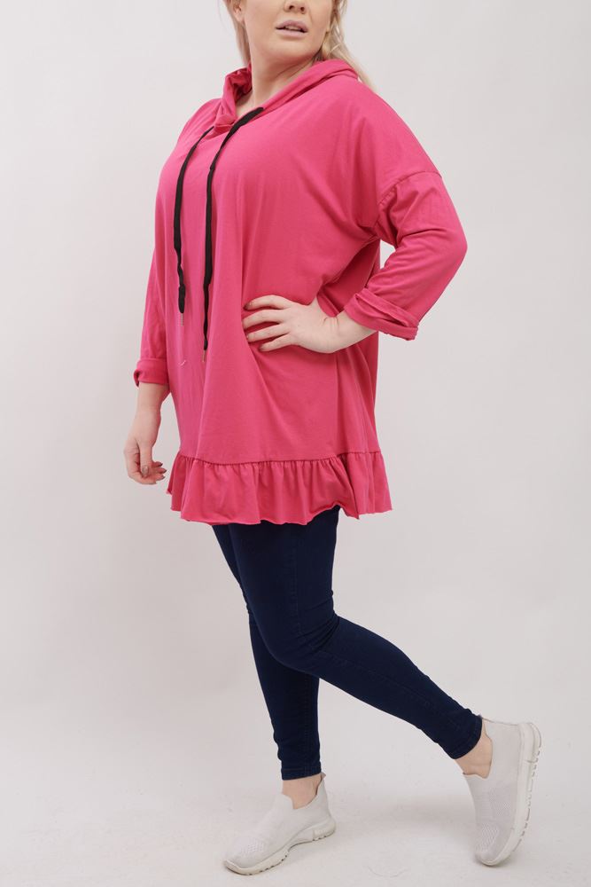 Plain Frill Hem Cotton Hoody