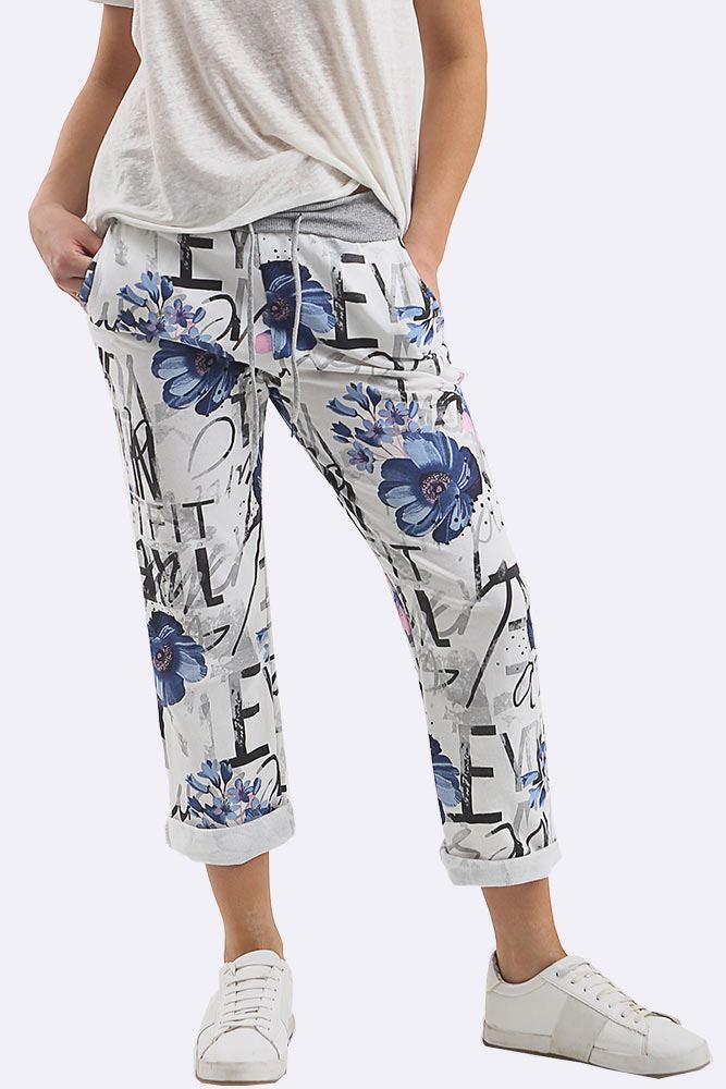 Cotton Floral Printed Drawstring Foldover Hem Trouser