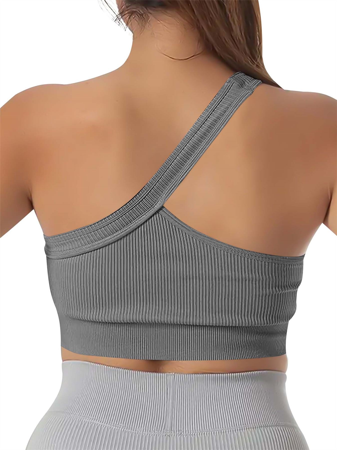 Plain One Shoulder Seamless Ribbed Nylon Bra