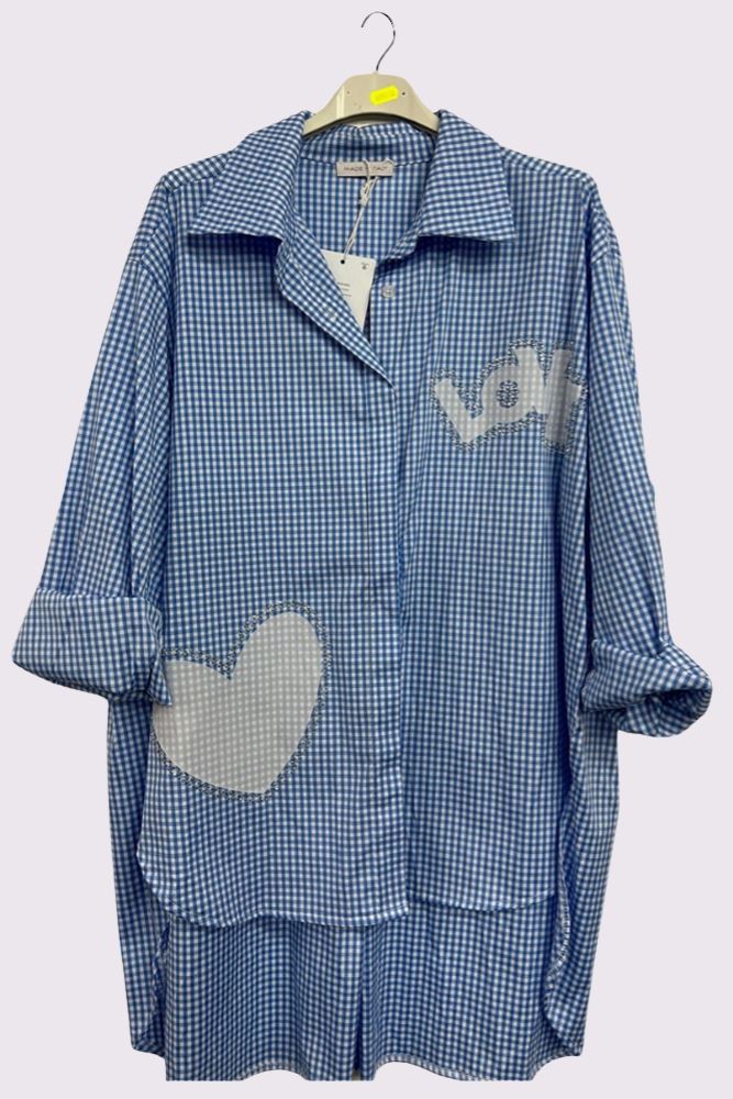 Check Print Love Heart High Low Hem Cotton Shirt