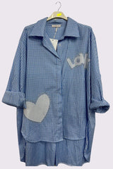 Check Print Love Heart High Low Hem Cotton Shirt