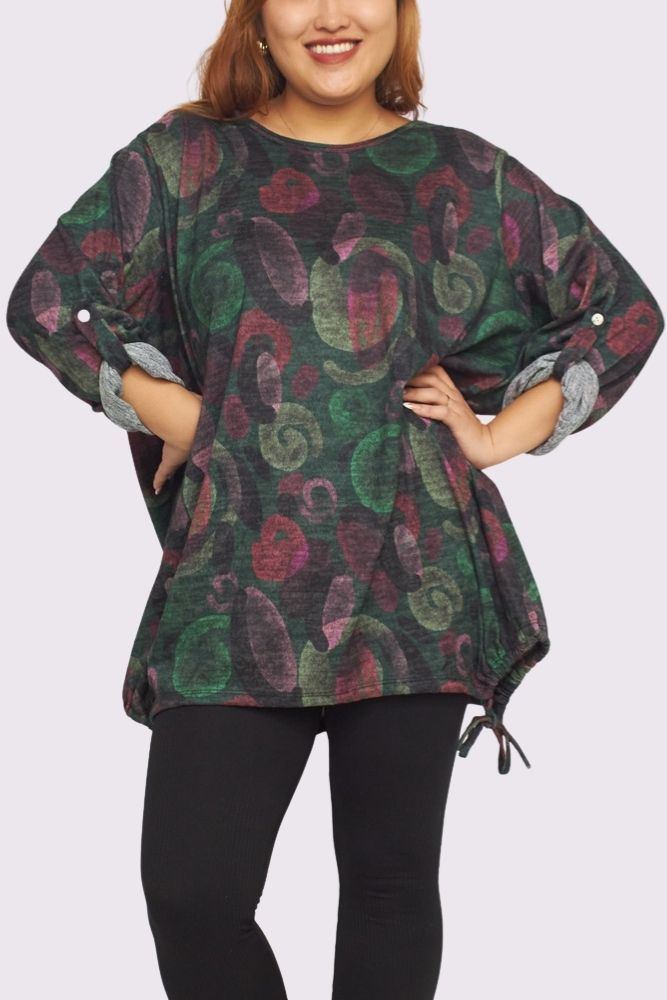 Swirl Pattern Oversized Drawstring Bow Hem Top