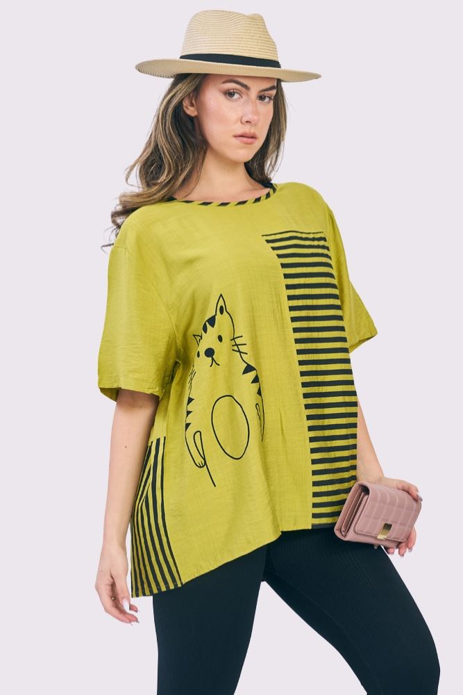 Stripe Colour Block Cat Print Cotton Top