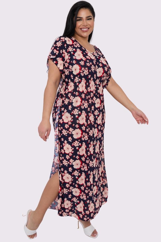 Hibiscus Flower Print Side Slit Kaftan Dress