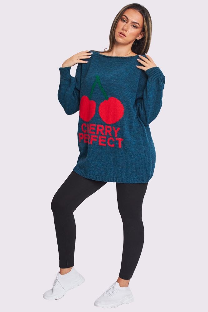 Cherry Perfect Slogan Cherry Pattern Knit Cuffed Sleeve Jumper