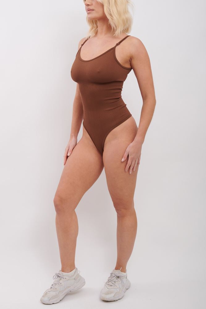 Plain Strappy Seamless Ribbed Nylon Bodysuit