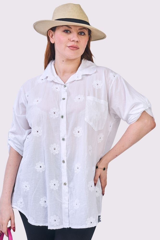 Floral Embroidered Pattern Front Pocket Cotton Shirt