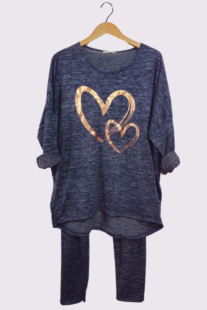 Marl Pattern Foil Print Elastic Waist Rose Gold Foil Heart Print Loungewear