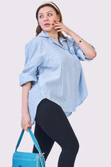 Stripe Print Oversized Low Hem Front Pocket Cotton Shirt