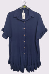 Corduroy Ruffle Hem Button Closing Shirt