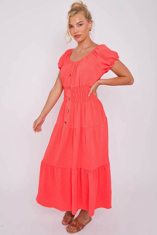 Plain Shirred Waist Tiered Dress