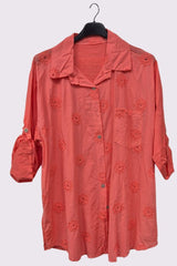 Floral Embroidered Pattern Front Pocket Cotton Shirt