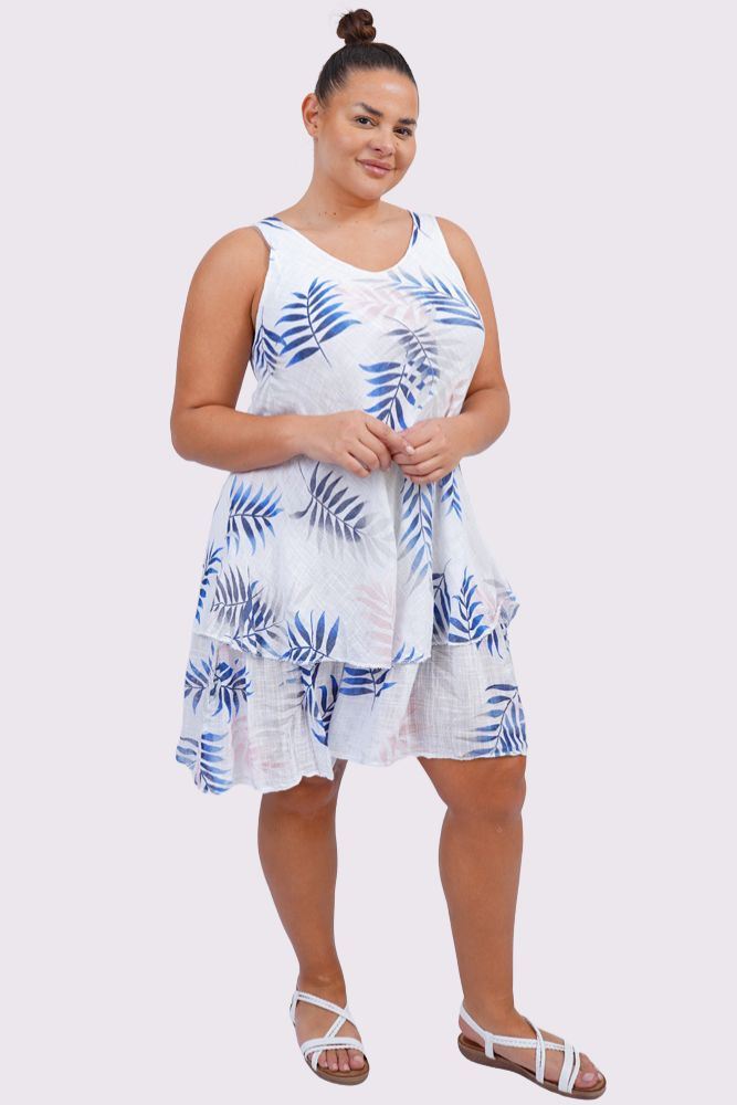 Tropical Leaves Print Layered Hem Cotton Dress